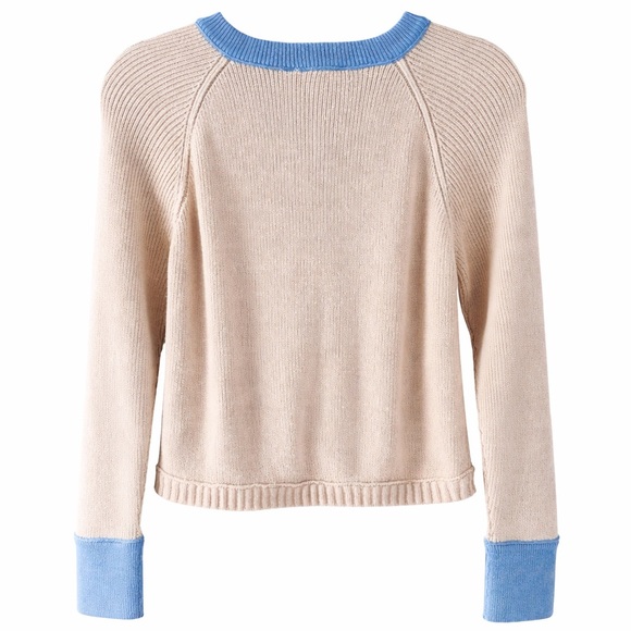 Contrast Collar Cotton Cardigan Sweater Cream Blue Size Small - Picture 4 of 9